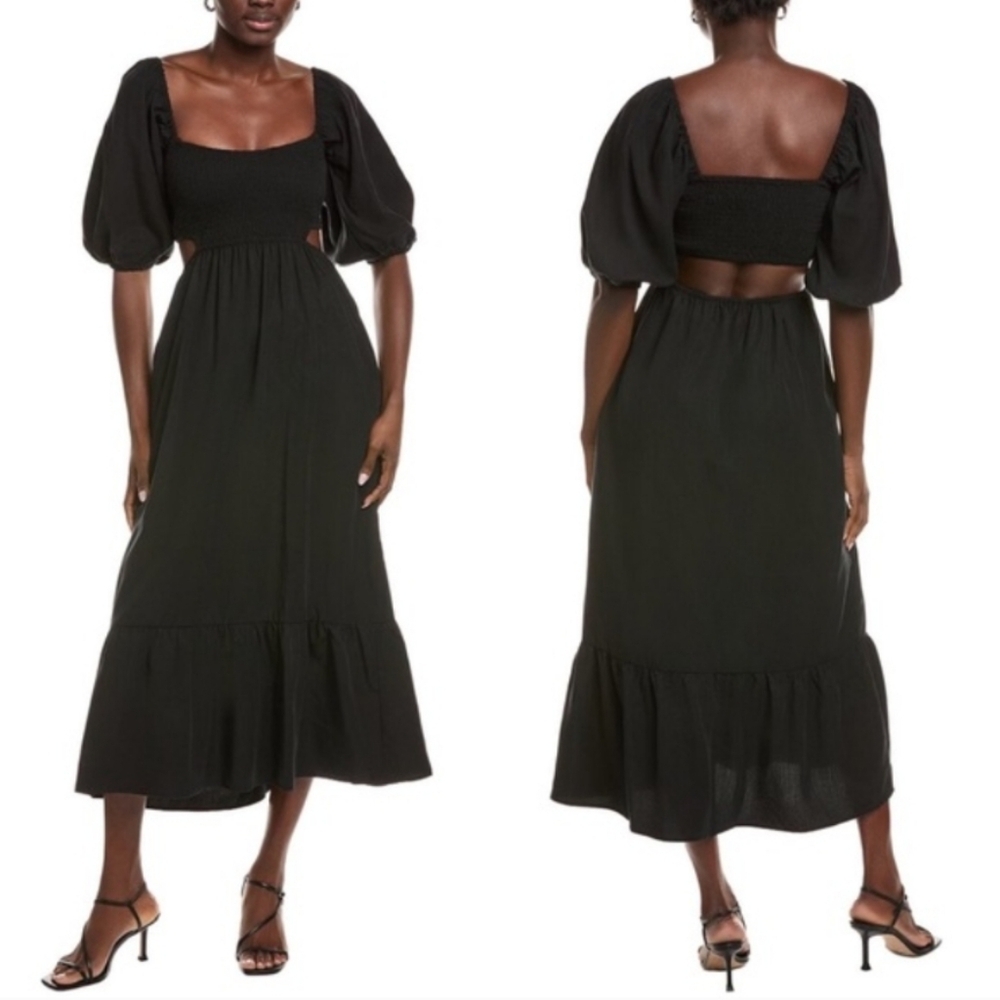 O.P.T. Leighton Black Puff Sleeve Smocked Cutout Midi Dress Tencel Flax XS - Picture 2 of 9